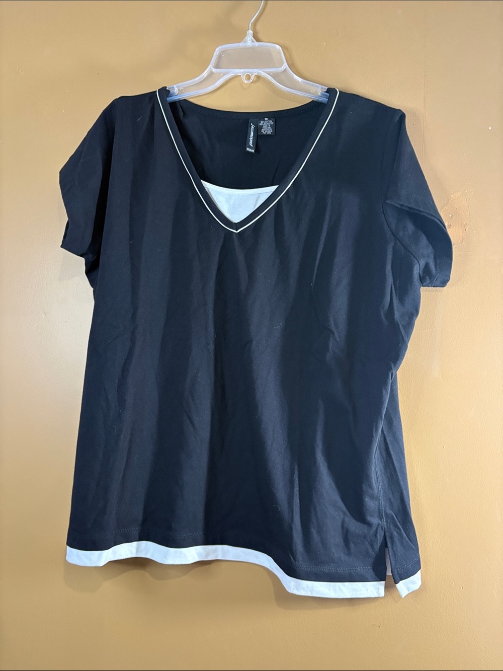 Black Short Sleeve V-Neck Top with White Trim